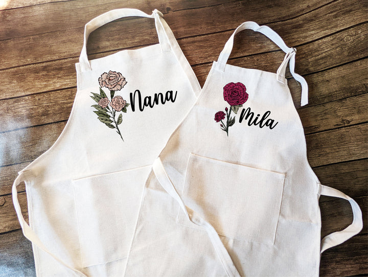 Personalized birth month flower Apron for women Kid Custom apron Birth flower gift Kitchen linen apron with pocket Mothers day gift for mom