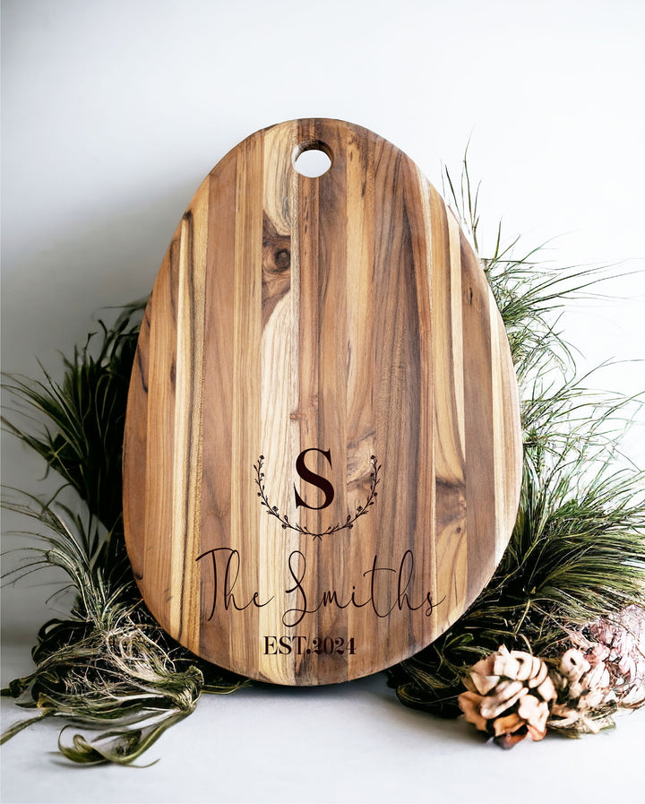 Personalized Teak Wood Cutting Board - Custom Charcuterie Board for Couples - Ideal Wedding, Housewarming, and Anniversary Gift with Family Name