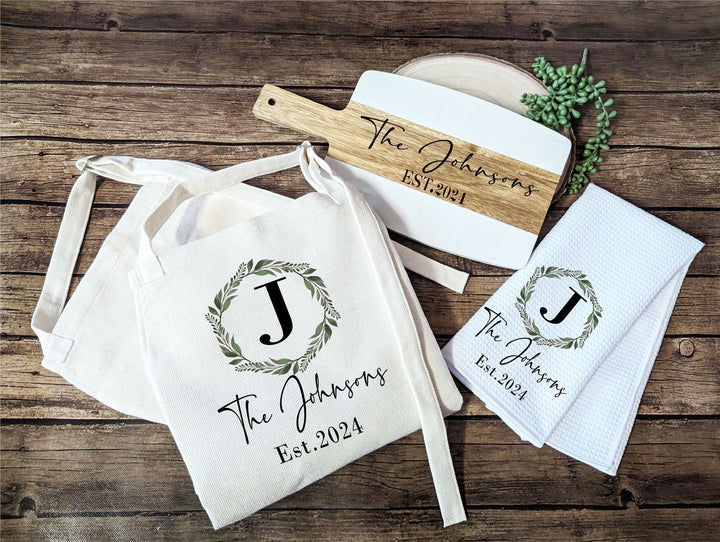 Custom Wedding Kitchen Gift Aprons and Cheese Board Set