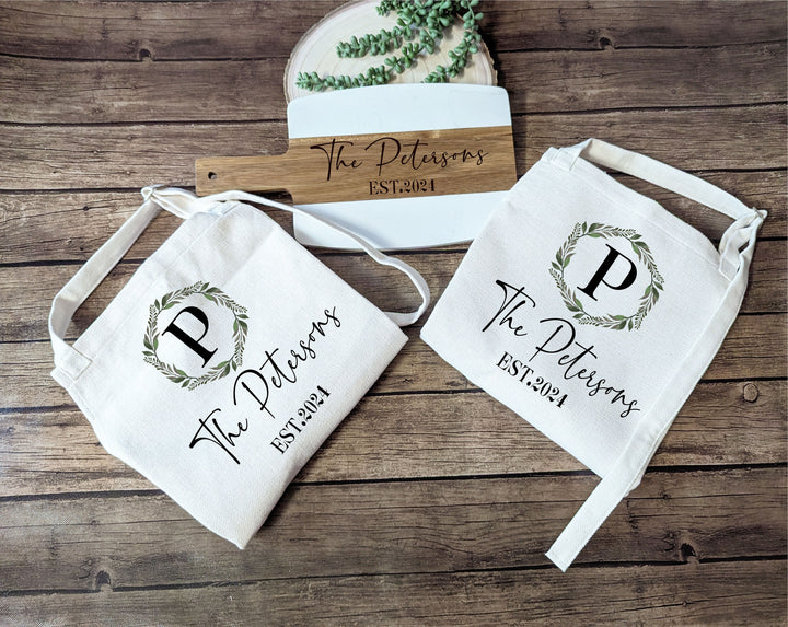 Custom Wedding Kitchen gift aprons for Couple with Last name Anniversary gift Engagement gift Cheese Board Bridal Shower Gift Housewarming