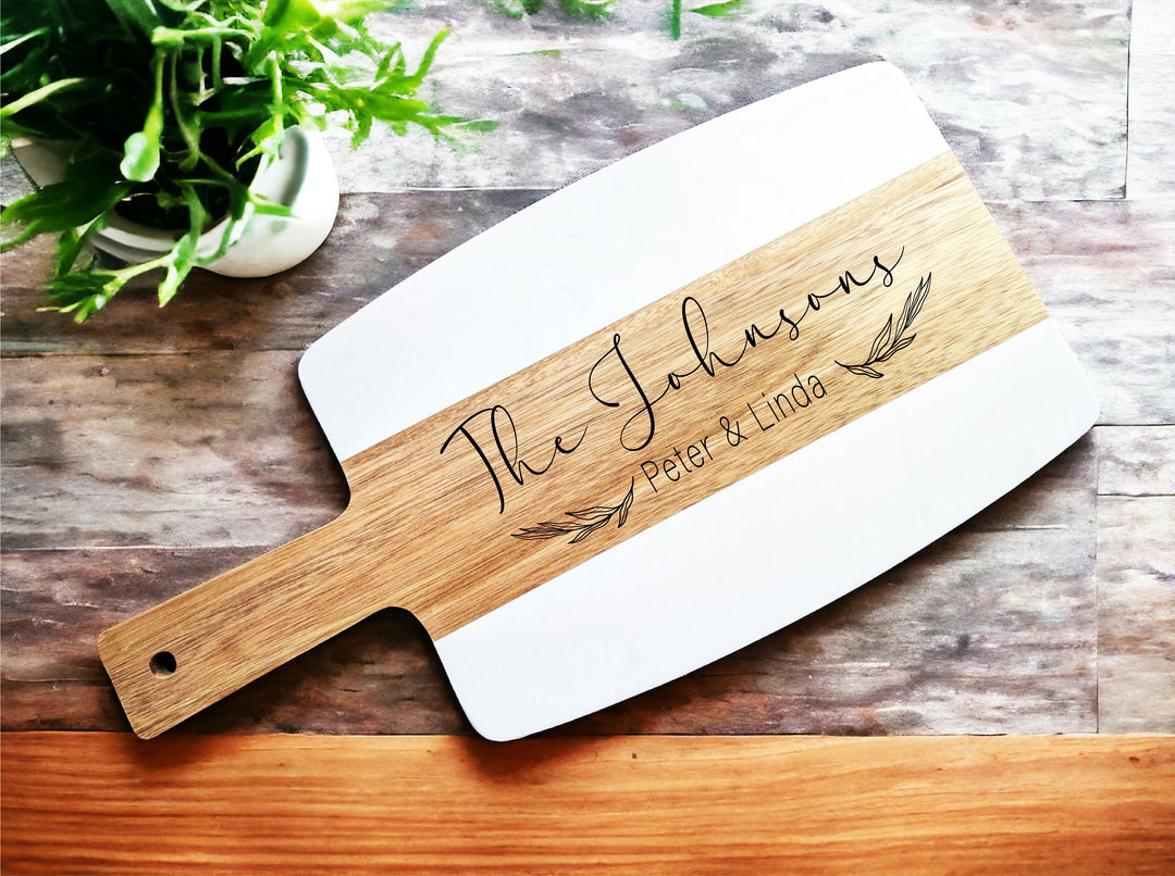 Personalized Marble and Wood Cheese Board - Custom Engraved with Couple’s Names - Ideal Wedding Gift with Handle and Charcuterie Board