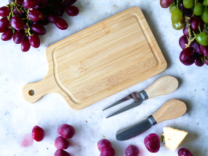 Mini Cheese Serving Board with Cheese Fork Cheese Knife Personalized rectangle Bamboo charcuterie board Newly wed couple gift engraved