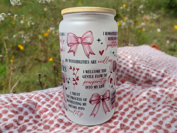 Coquette Pink Bow Glass Tumbler 16oz Positive Quotes Cup