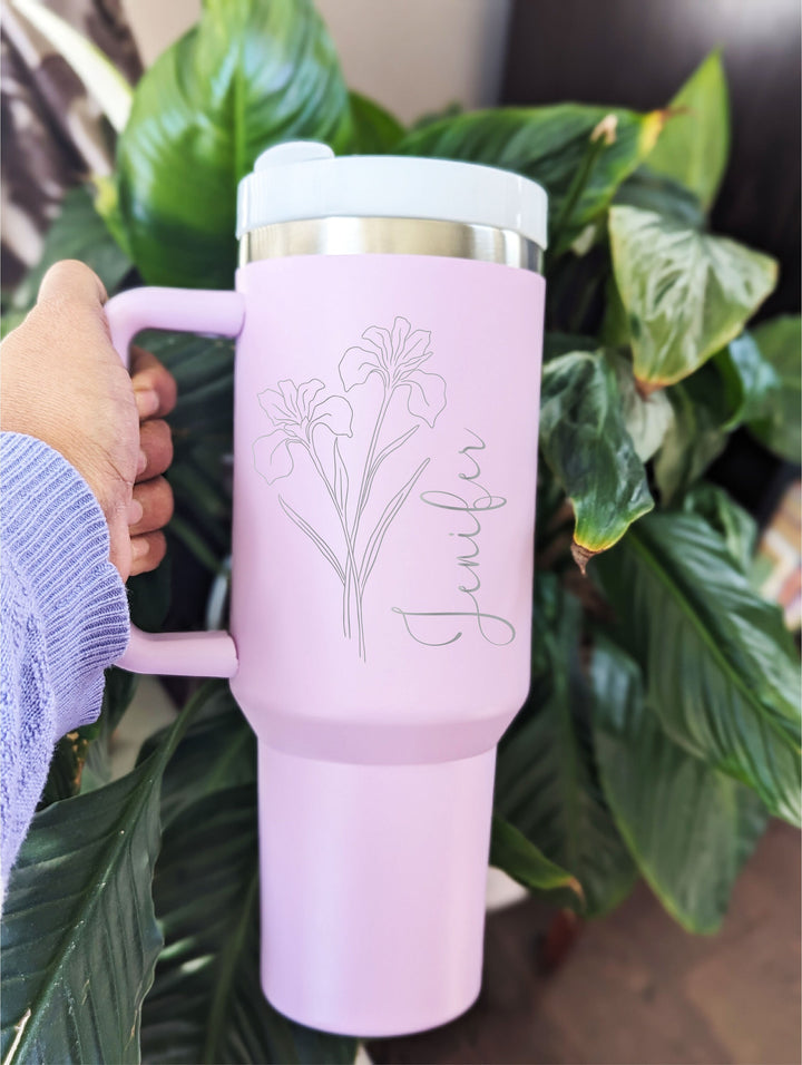 Personalized birth flower Engraved with handle Custom stainless steel tumbler with lid Bridesmaid gift tumbler Travel cup Tumbler 40oz