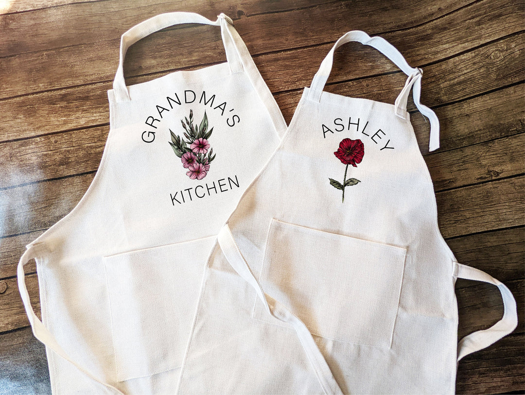 Personalized Birth flower Apron for women Kid Custom apron Birth flower gift Kitchen linen apron with pocket Mothers day gift for mom Floral