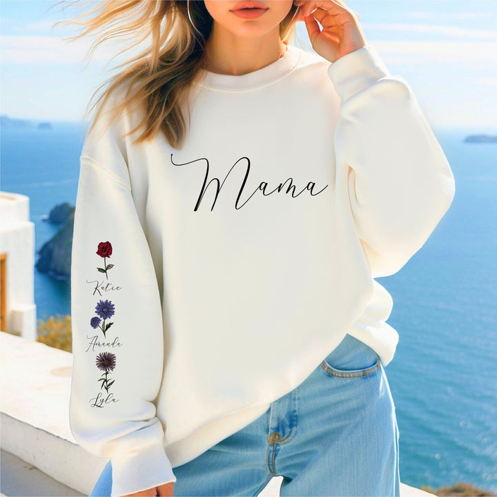 Personalized Mama with Kids birth flower and Names on sleeve Custom birth month flower Mama Sweatshirt Mothers day Sweatshirt Mama crewneck