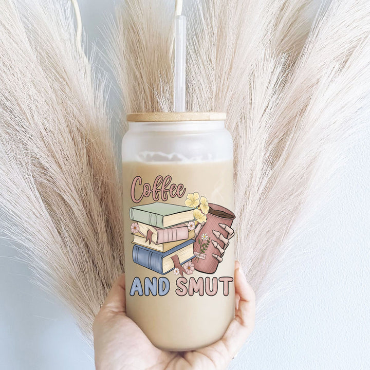 The Smut Reader Frosted ice coffee Glass with Bamboo Lid Cold Coffee Cup&nbsp;Smut Gift Smut Reader Gift Smut Coffee cup with Floral books cup