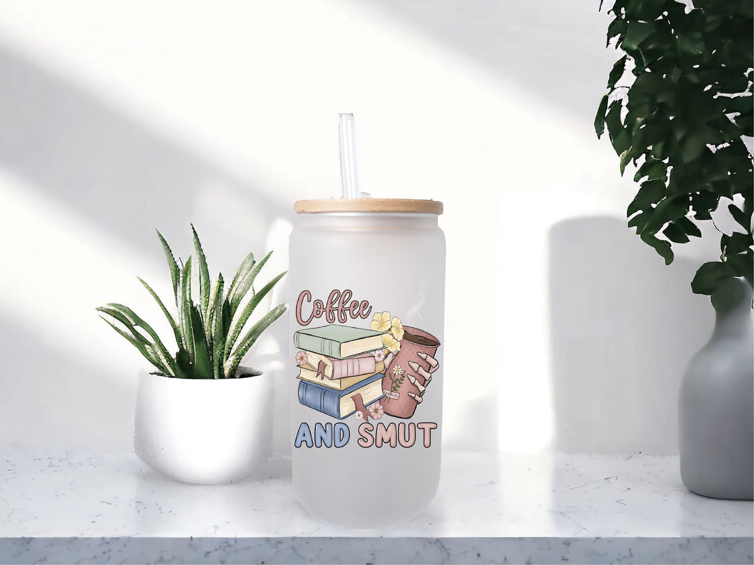 The Smut Reader Frosted Ice Coffee Glass with Bamboo Lid