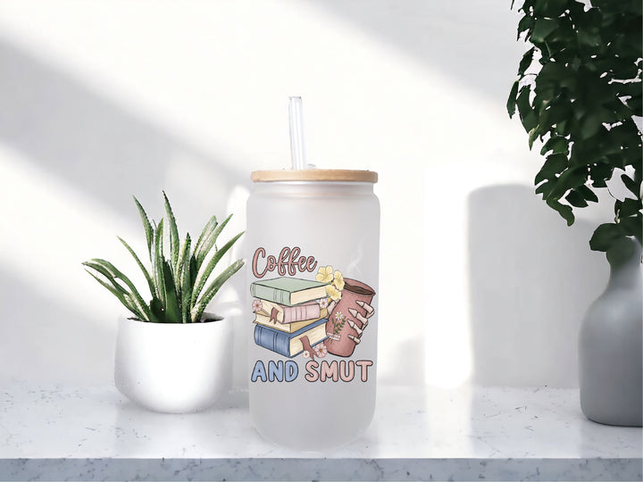 The Smut Reader Frosted ice coffee Glass with Bamboo Lid Cold Coffee Cup&nbsp;Smut Gift Smut Reader Gift Smut Coffee cup with Floral books cup