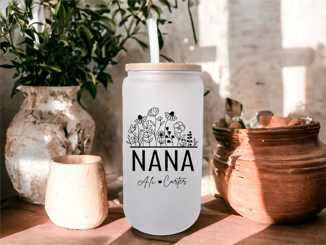 Personalized Nana coffee Glass cup with lid and straw Nana gift tumbler Pregnancy reveal gift for nana Floral mothers day nana gift birthday