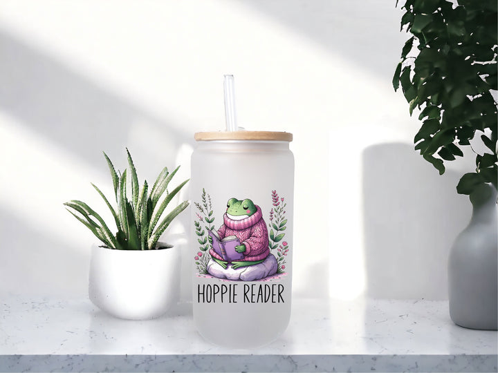Hoppie Reader Frog Ice Coffee Glass with Bamboo Lid Gift for Readers