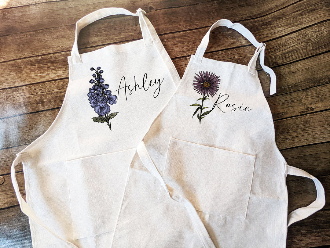 Personalized birth month flower Apron for women Kid Custom apron Birth flower gift Kitchen linen apron with pocket Mothers day gift for mom