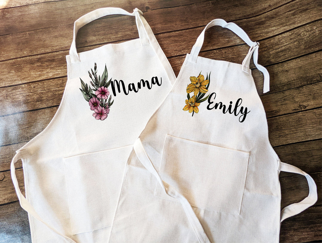 Personalized birth month flower Apron for women Kid Custom apron Birth flower gift Kitchen linen apron with pocket Mothers day gift for mom