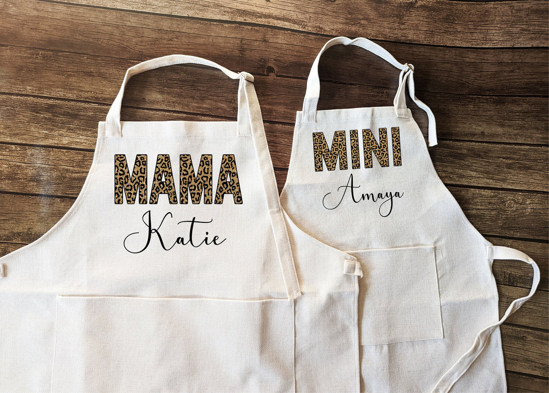 Mommy and me Matching Leopard print apron gift for mothers day Mama mini Linen apron Matching Baking Apron for Mom and Kid Women Apron gift