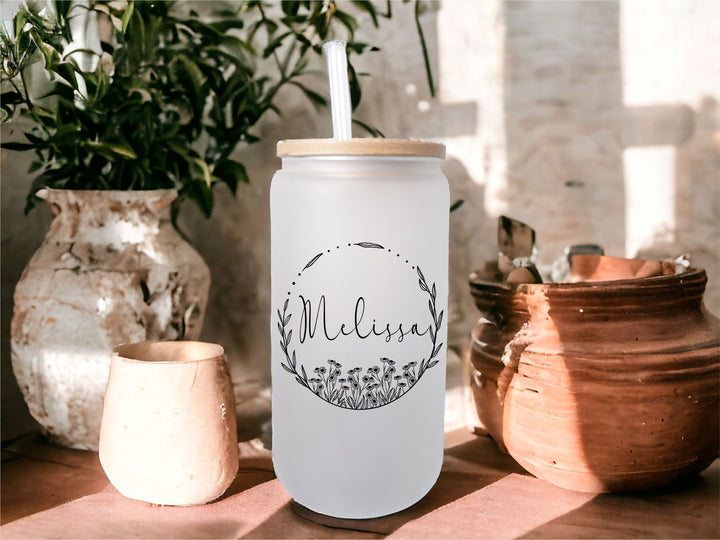 Wild flower Iced coffee cups with Name &amp; Lid Glass tumbler Bridesmaid Proposal iced coffee glass&nbsp;Floral coffee cups Bridal shower gift cups