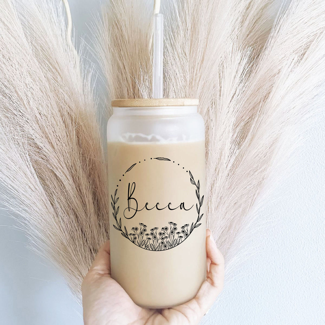 Wild Flower Iced Coffee Cups with Name and Lid Glass Tumbler