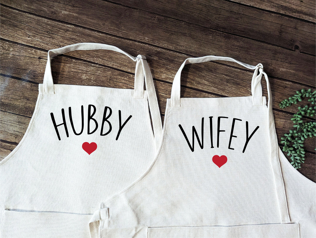 Hubby Wifey couple matching apron wedding gift for newly weds Bridal shower gift unique Kitchen Linen apron Matching apron set for couples