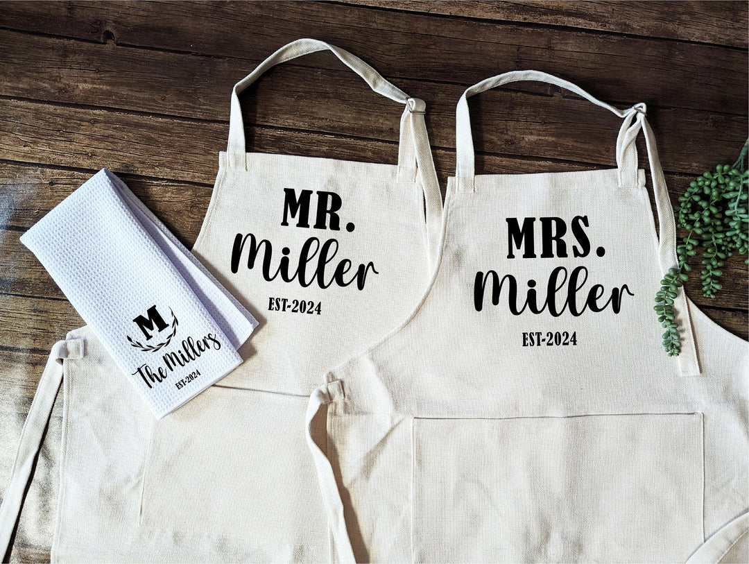 Personalized Mr & Mrs Apron Set, Bride Gift