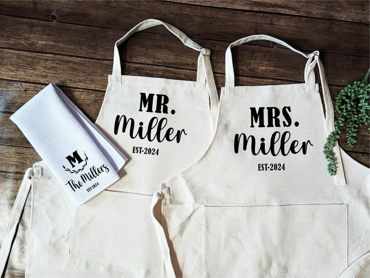 Personalized Mr & Mrs Apron Set, Bride Gift