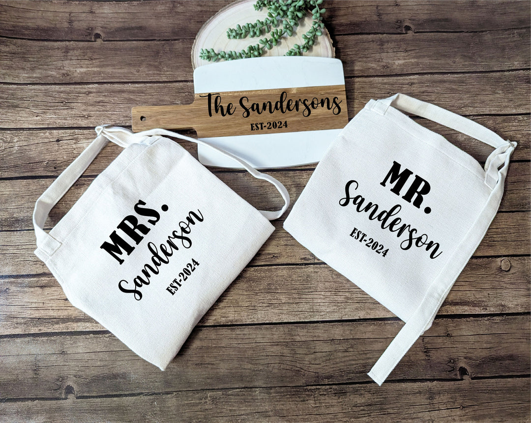 Personalized Mr & Mrs Apron Set, Bride Gift