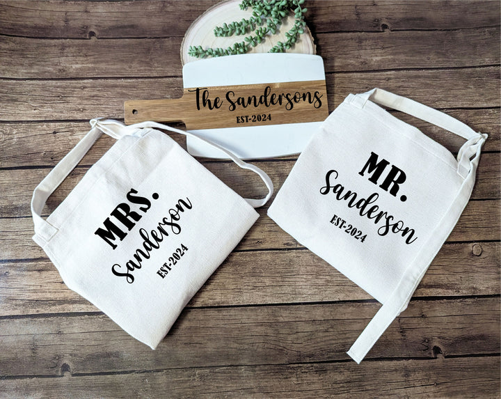 Personalized Mr & Mrs Apron Set, Bride Gift
