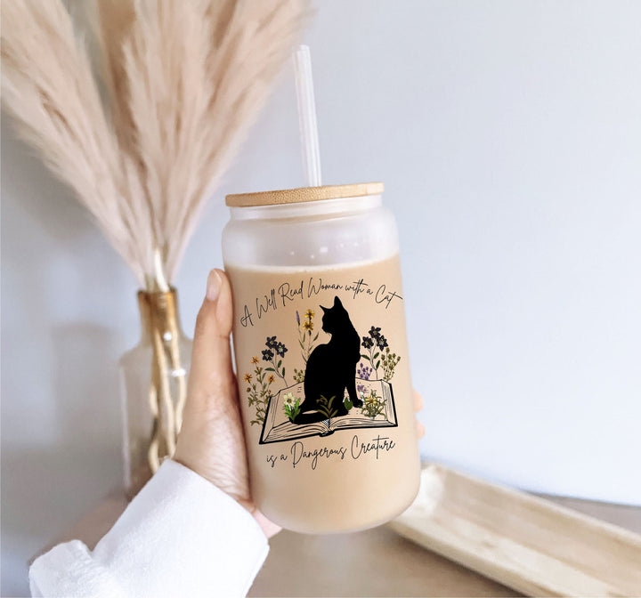 Well Read Women Cup Cat Book Lover Gift Iced Coffee Glass