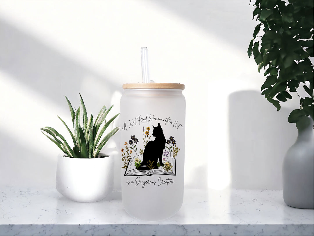 Well Read Women Cup Cat Book Lover Gift Iced Coffee Glass