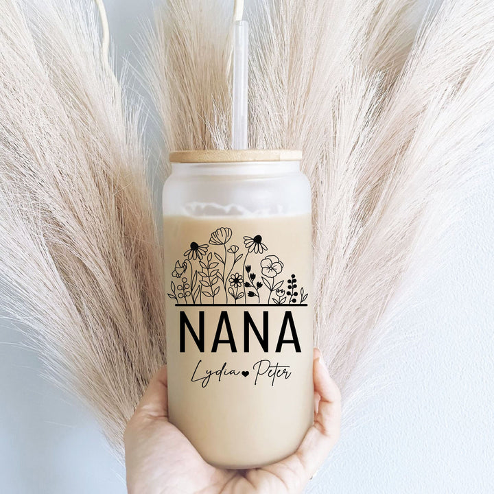 Personalized Nana coffee Glass cup with lid and straw Nana gift tumbler Pregnancy reveal gift for nana Floral mothers day nana gift birthday