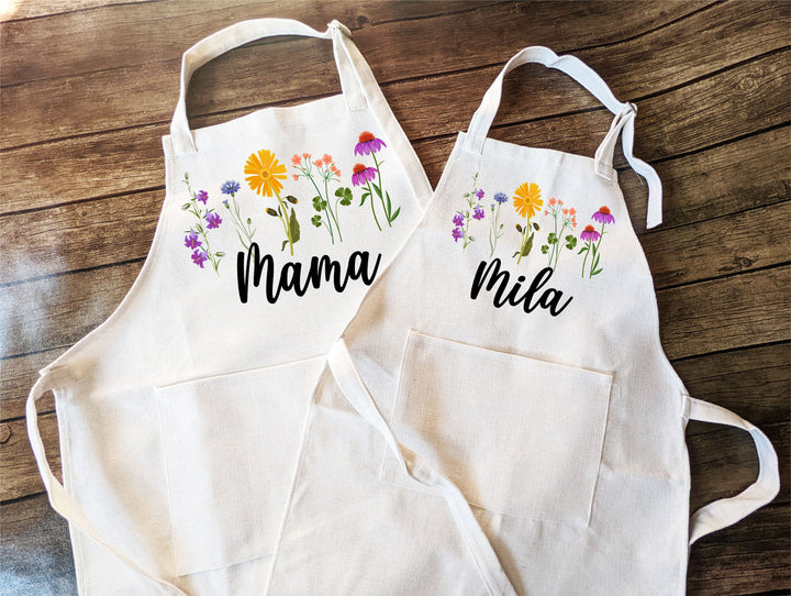 Personalized Floral Baking Apron, Adults & Kids Set