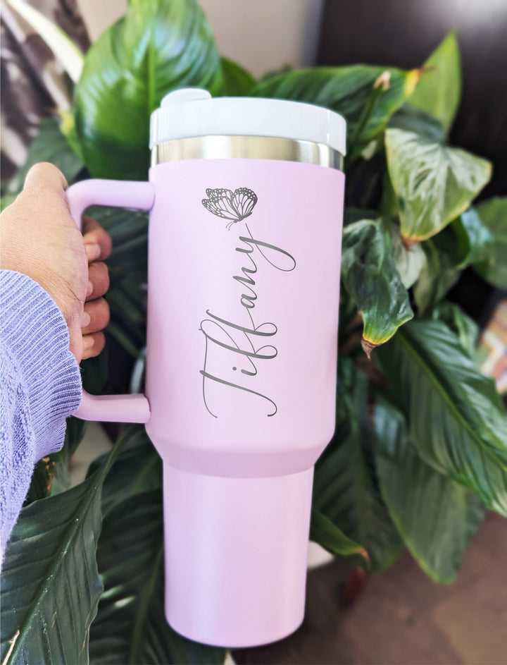 Custom name Tumbler with handle 40 oz Personalized tumbler with name butterfly Best friend birthday gift Coworker gift cup name tumbler gift