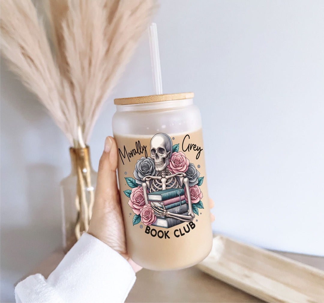 Morally gray Skeleton reader Iced coffee cup with lid Book lover Iced coffee glass Skeleton readerTumbler book nerd gift Books reader gift