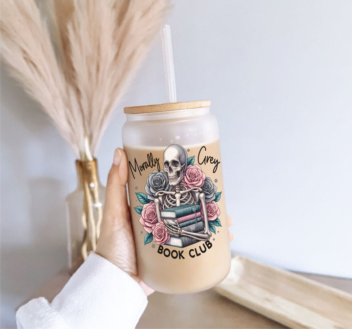 Morally gray Skeleton reader Iced coffee cup with lid Book lover Iced coffee glass Skeleton readerTumbler book nerd gift Books reader gift