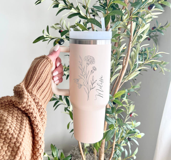 Personalized Birth Flower Cup Gift Custom 40 oz Tumbler