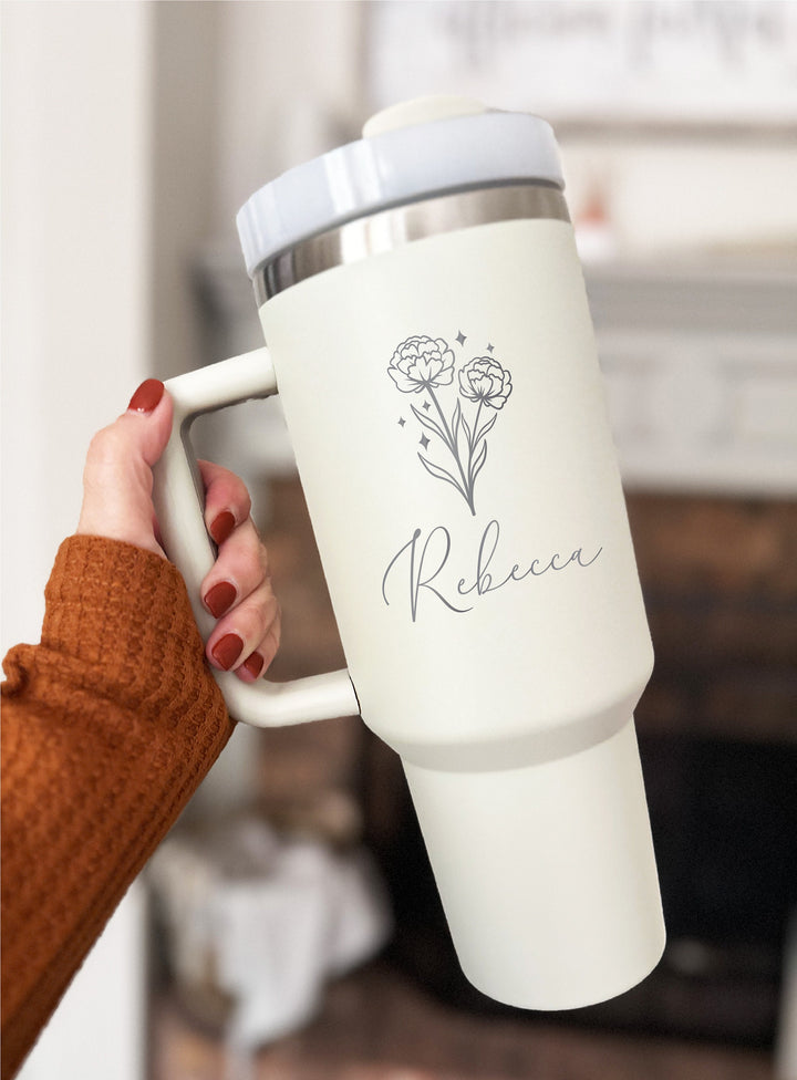 Personalized Birth Flower Tumbler Gift for Her Christmas Gift Bridesmaid Proposal Gift Graduation Gift Custom engraved tumbler Coworker gift