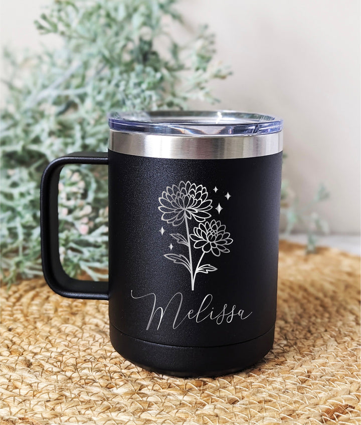 Personalized birth flower Coffee Cup insulated with lid 15 oz Birth month flower gifts Custom coffee cup with name Birthday gift Coworkers