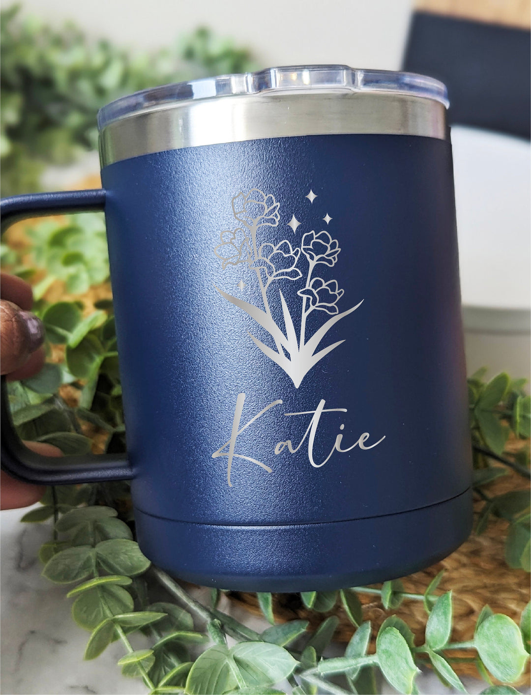 Personalized birth flower Coffee Cup insulated with lid 15 oz Birth month flower gifts Custom coffee cup with name Birthday gift Coworkers