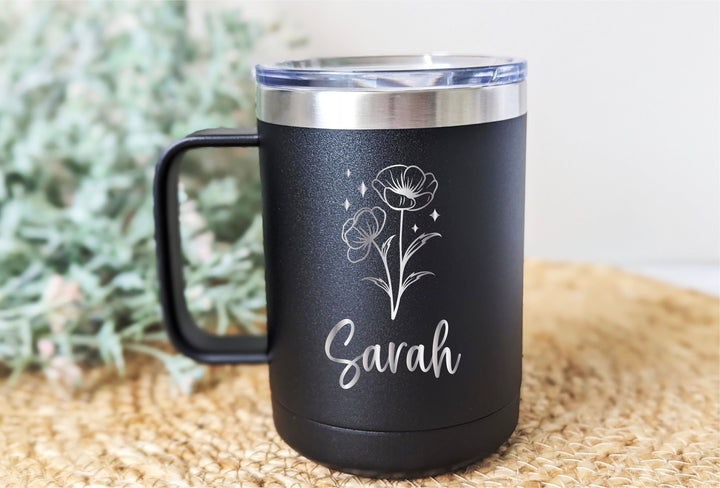 Personalized birth flower Coffee Cup insulated with lid 15 oz Birth month flower gifts Custom coffee cup with name Birthday gift Coworkers