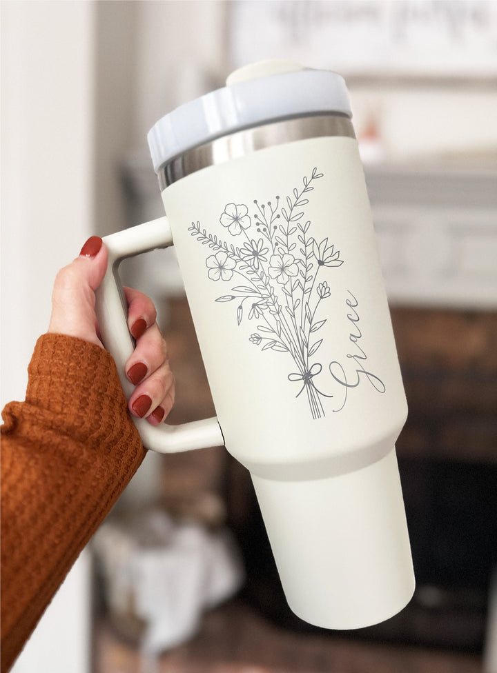 Personalized name Tumbler with handle Custom Engraved Tumbler gift for mama Floral travel cup 40 oz gifts Best friend birthday gifts Sister