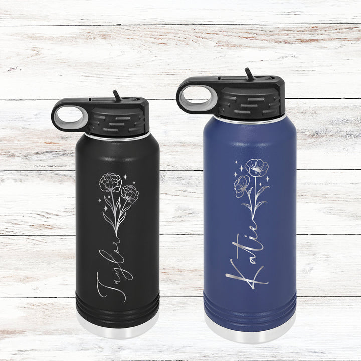 Personalized Birth flower Water Bottle with Straw Back to School name bottle Custom Bottle Sports water bottle Back to School Gifts for Kids