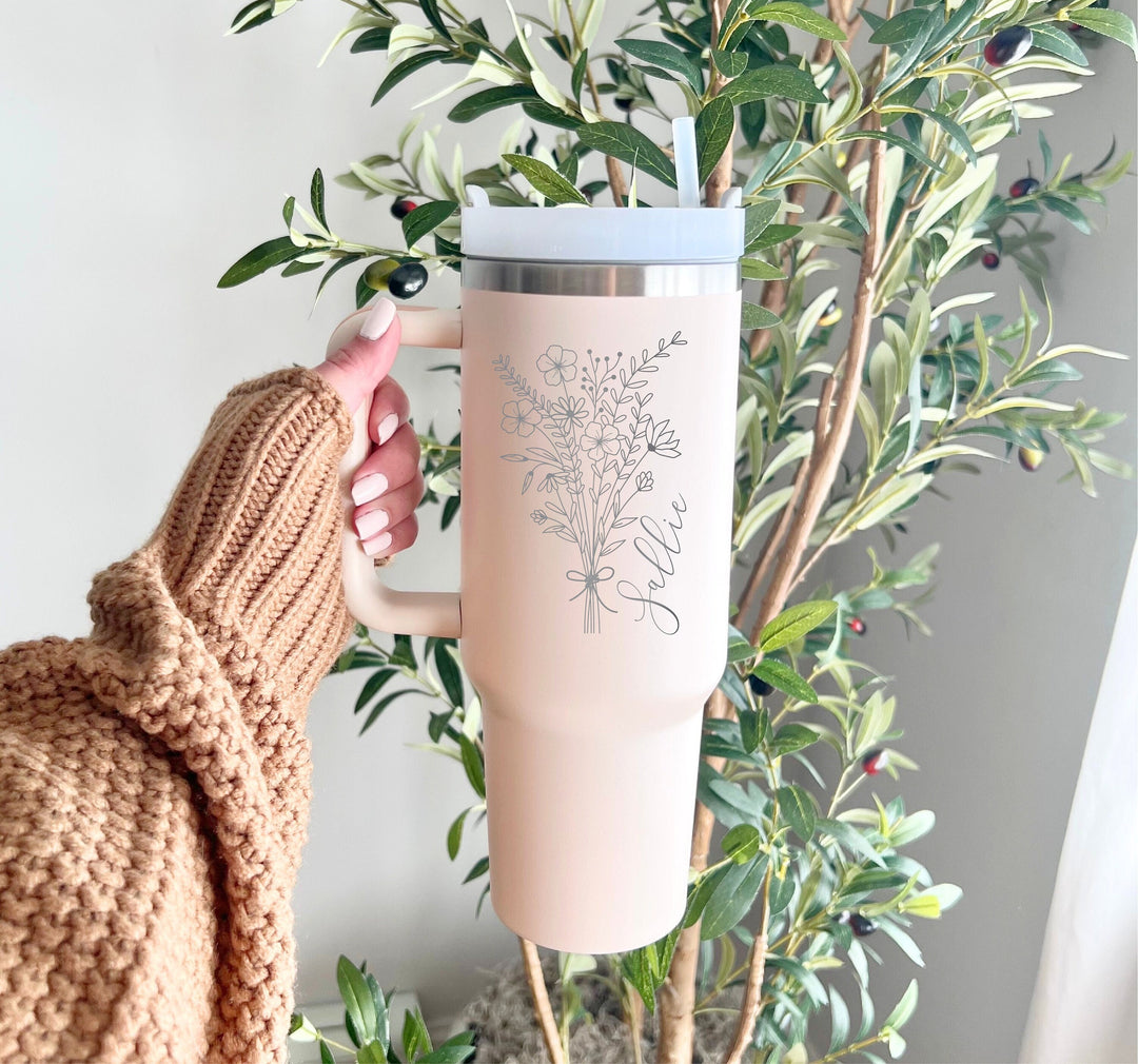 Personalized name Tumbler with handle Custom Engraved Tumbler gift for mama Floral travel cup 40 oz gifts Best friend birthday gifts Sister