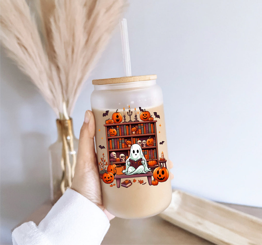 Halloween bookish ghost Iced coffee Glass cup with lid and straw Reader gift Ghost Glass Tumbler Cute Ghost Coffee Cup Spooky Season Gift