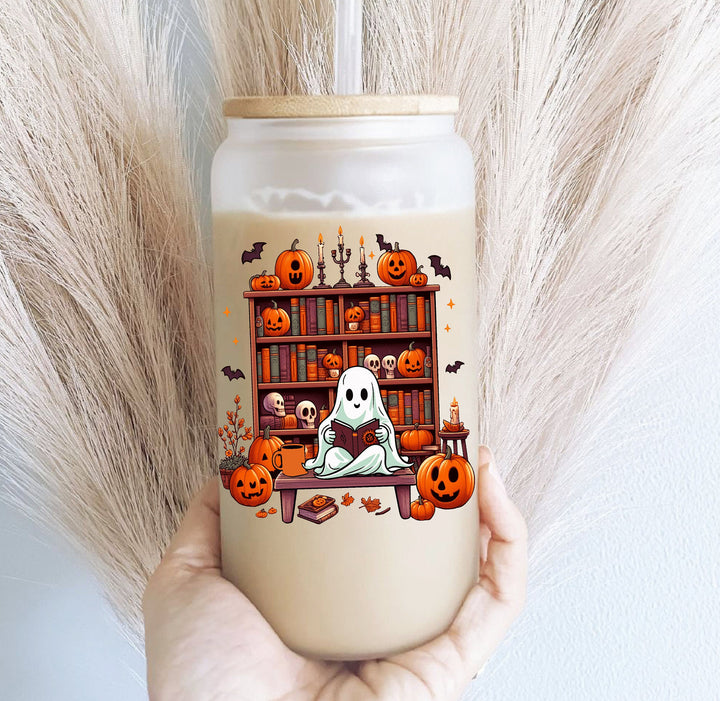 Halloween bookish ghost Iced coffee Glass cup with lid and straw Reader gift Ghost Glass Tumbler Cute Ghost Coffee Cup Spooky Season Gift