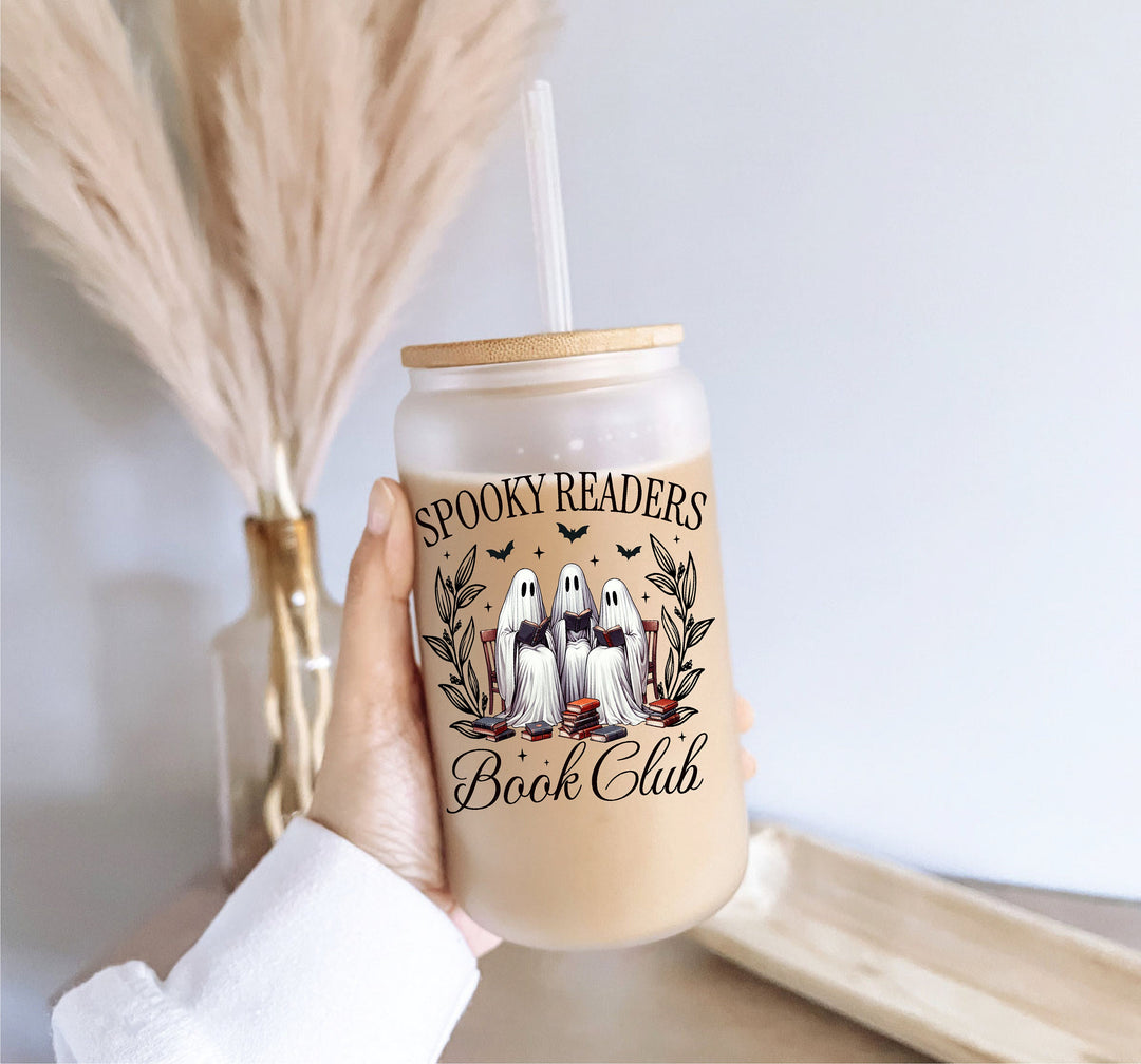 Halloween cups Spooky readers book club cup bookish ghost Iced coffee Glass cup with lid and straw Reader gift Ghost Glass Tumbler Ghost