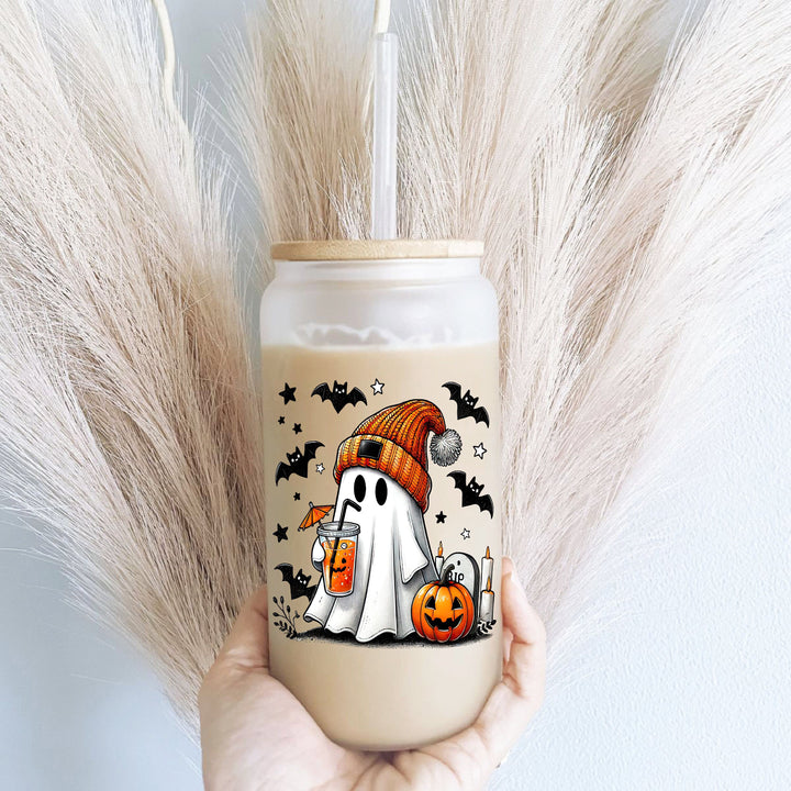 Coffee ghost Halloween cups fall ghost coffee cup ghost pumpkin Iced coffee Glass cup with lid and straw Halloween gift cup coffee lover cup