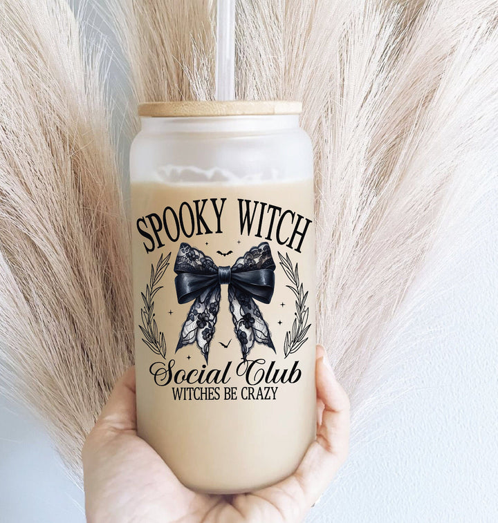 Spooky Witch Halloween Cup Spooky black coquette bow social club for Halloween Spooky season gift tumbler Iced coffee glass black&nbsp;bow cup