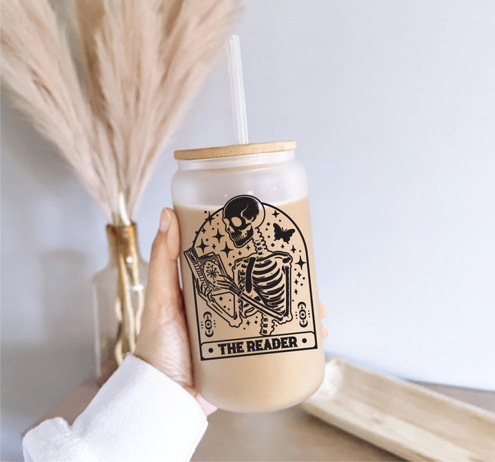 Skeleton Reader cup&nbsp;Iced coffee cup with lid and straw Book lover Iced coffee glass Skeleton reader Tumbler book&nbsp;nerd gift Books&nbsp;gift