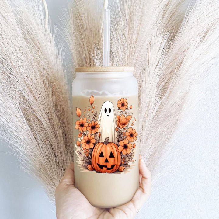 Floral ghost Halloween cups fall ghost coffee cup ghost pumpkin Iced coffee Glass cup with lid and straw Halloween gift cup coffee lover cup