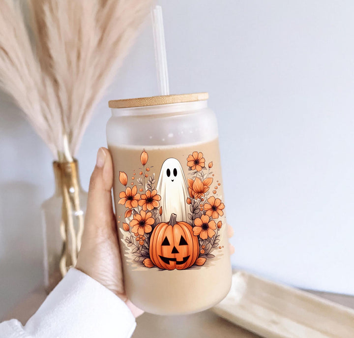 Floral ghost Halloween cups fall ghost coffee cup ghost pumpkin Iced coffee Glass cup with lid and straw Halloween gift cup coffee lover cup