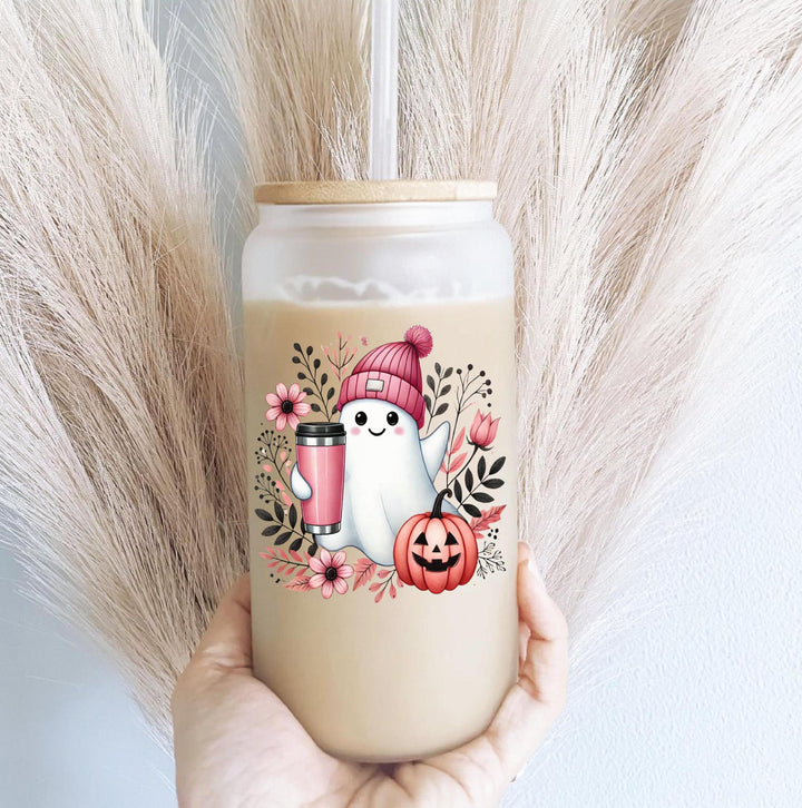Pink Coffee Ghost Halloween Cup with Lid and Straw 16oz