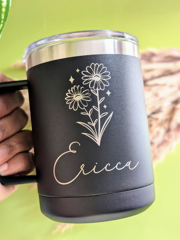 Personalized birth flower Coffee Cup insulated with lid 15 oz Birth month flower gifts Custom coffee cup with name Birthday gift Coworkers